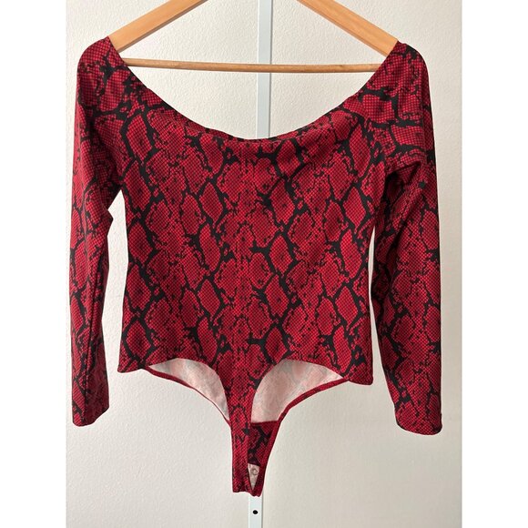 Guess Bodysuit M Red Snake-Print Deep V Sweetheart Neckline Cutout Y2K Clubwear - Picture 4 of 16